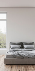 Luxurious master bedroom with a big window filling the room with natural light. Luxury residential real estate composition in neutral colors.