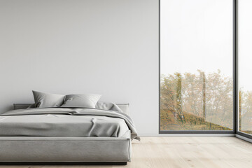 Luxurious master bedroom with a big window filling the room with natural light. Luxury residential real estate composition in neutral colors.