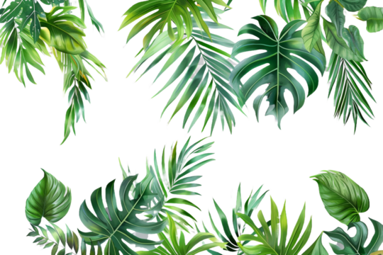 Tropical leaves banner isolated on transparent background
