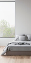 Luxurious master bedroom with a big window filling the room with natural light. Luxury residential real estate composition in neutral colors.