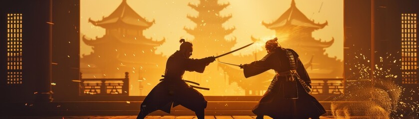 A striking silhouette of a samurai and a Chinese royal guard in gold armor