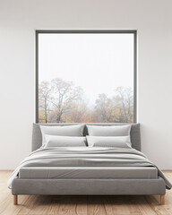 Luxurious master bedroom with a big window filling the room with natural light. Luxury residential real estate composition in neutral colors.
