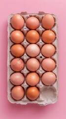 Carton of organic eggs, pastel pink backdrop, flat lay style, zero waste focus, ample copy space, simple and attractive