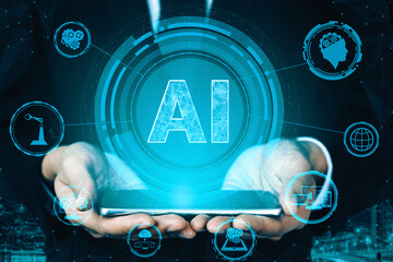 AI Learning and Artificial Intelligence Concept - Icon Graphic Interface showing computer, machine...
