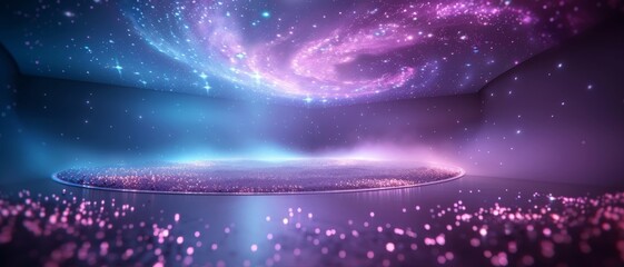 Abstract digital space with swirling galaxy and glowing particles, vibrant colors creating a futuristic, cosmic scene, perfect for backgrounds.