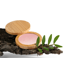 Highlighter, leaves and tree bark on white background, closeup