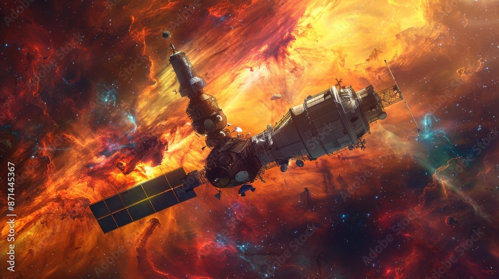 Canvas Prints a futuristic satellite orbiting a distant planet, with vibrant nebulae in the background generative 