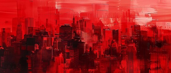 Obraz premium Abstract urban cityscape with vibrant red hues, depicting a dramatic skyline, blending architecture and artistry in a bold and captivating manner.