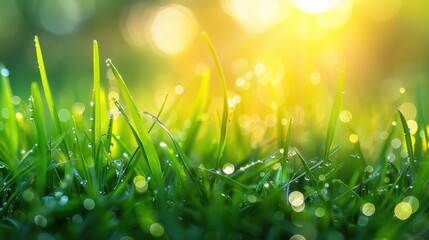 Fototapeta premium Close-up of dew-covered grass blades glowing in sunlight, creating a fresh and vibrant natural scene.