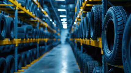 A well-organized tire warehouse with rows of tires stacked on yellow shelves, creating a symmetrical industrial scene.