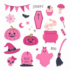 Set of pink halloween celebration elements. Vector graphics