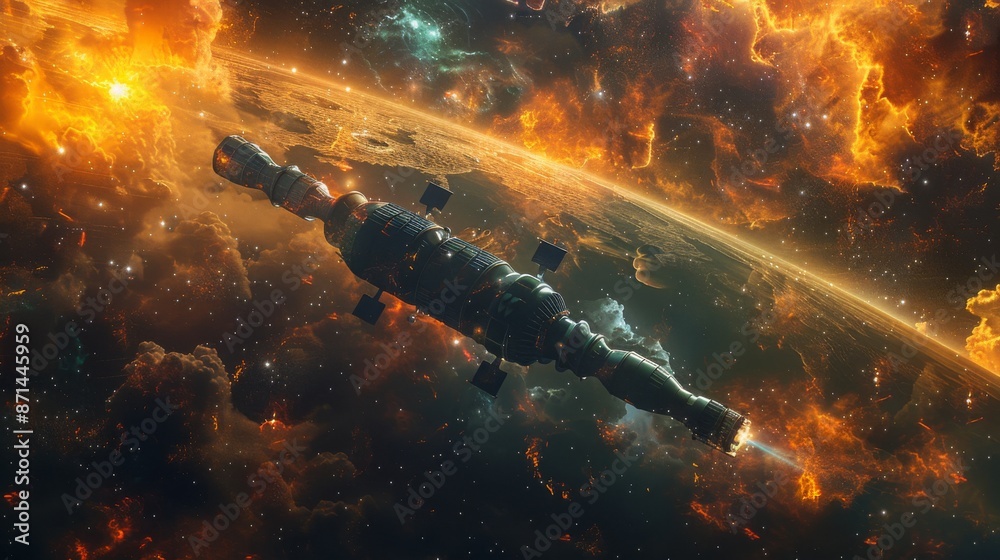 Wall mural a futuristic satellite orbiting a distant planet, with vibrant nebulae in the background generative 