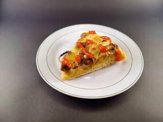 Cheesy and Meaty Pizza on Small White Plate Against Dark and Ash Abstract Background: Enjoy a Savory Delight with Melted Cheese and Flavorful Meat, Perfectly Presented for Your Culinary Pleasure