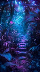 Fototapeta premium Mystical Forest with Blue and Purple Neon Lights and Glowing Pathway. Enchanting Jungle Scene Perfect for Halloween, Magical Worlds, and Gaming. Eerie and Spooky Nighttime, AI-Generated HD Wallpaper.