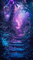 Fototapeta premium Mystical Forest with Blue and Purple Neon Lights and Glowing Pathway. Enchanting Jungle Scene Perfect for Halloween, Magical Worlds, and Gaming. Eerie and Spooky Nighttime, AI-Generated HD Wallpaper.