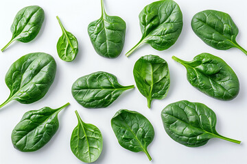 Top view of spinach leaves on white background. Generative AI