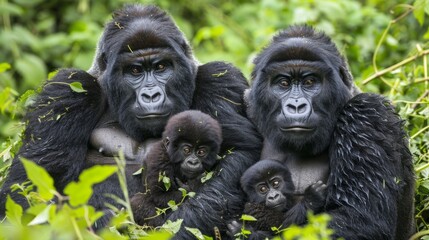 Obraz premium A close-up portrait of a mountain gorilla family in their natural habitat, showcasing the strong bond between parents and offspring