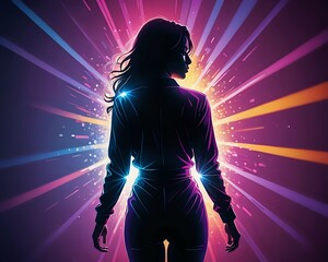 Silhouette of a woman walking towards a bright light.