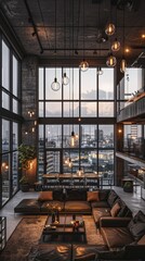 Dark toned living rooms and urban architecture outside windows