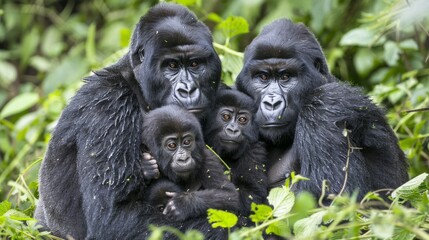 Obraz premium A family of mountain gorillas, including a mother with her young, resting among the vibrant green leaves in their natural habitat