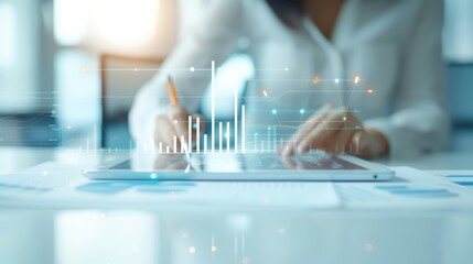 Business professional analyzing data on a tablet, leveraging digital technology for financial and market insights in a modern office setting.