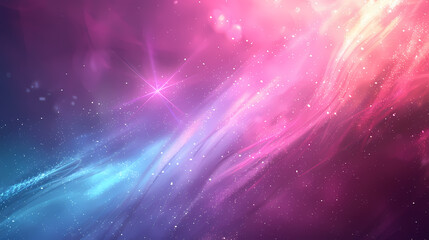 Fototapeta premium Abstract cosmic background with pink, purple, and blue hues, featuring a glowing star and sparkling particles.