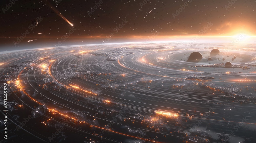Canvas Prints a close-up of a distant planet's rings, with meteors and comets streaking by generative ai