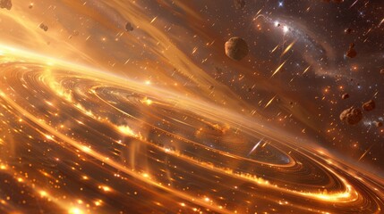 Obraz premium A close-up of a distant planet's rings, with meteors and comets streaking by Generative AI