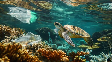 Obraz premium Underwater scene showing a sea turtle biting into a plastic bag floating among the coral reefs. This high-quality, clear image emphasizes the devastating impact of human waste on marine life,