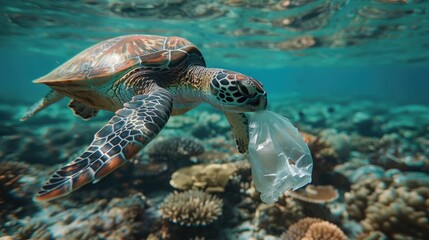 Obraz premium Underwater scene showing a sea turtle biting into a plastic bag floating among the coral reefs. This high-quality, clear image emphasizes the devastating impact of human waste on marine life,