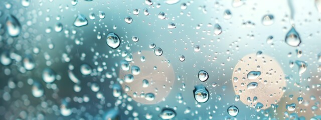 raindrops on glass surface reflecting light and textures