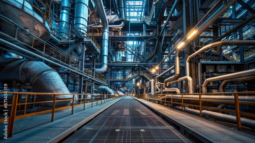 Poster A narrow walkway winds its way through a complex network of pipes and platforms in a modern industrial facility