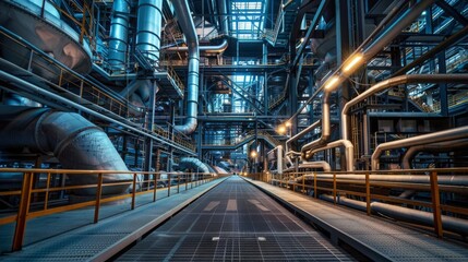 Fototapeta premium A narrow walkway winds its way through a complex network of pipes and platforms in a modern industrial facility