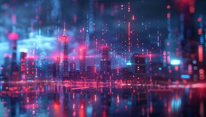 Obraz premium Holographic financial graphs neon glow futuristic city skyline dark background data visualization