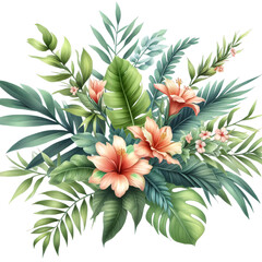 Tropical Spring Watercolor Floral Green Leaves and Flowers - Bouquets for Greeting or Wedding Card Decoration, Isolated on White PNG Background