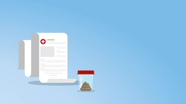 Stool analysis. Stool test. Medical research report clipboard with medical sample in a glass tube.	