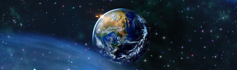 Earth and galaxies in space. Design fantasy. Blue Sunrise.Elements of this image furnished by NASA.