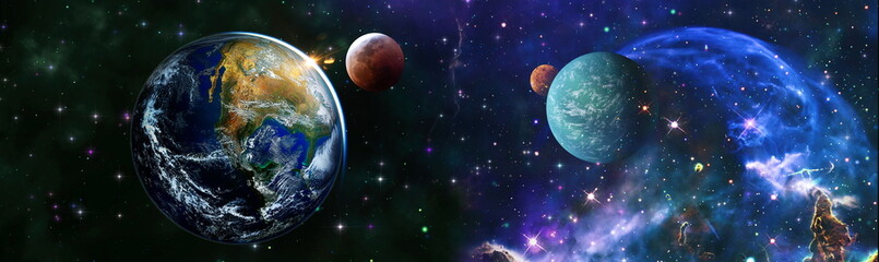 Earth and galaxies in space. Design fantasy. Blue Sunrise.Elements of this image furnished by NASA.