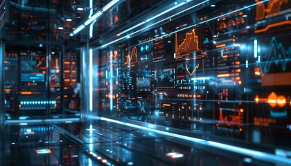 Virtual financial advisor hologram interface sleek modern office transparent screens futuristic finance