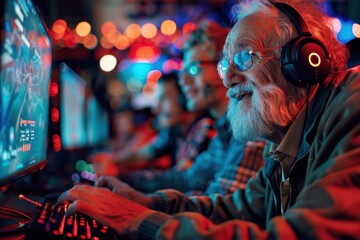 Obraz premium Elderly Man Playing Video Games in Gaming Arena 
