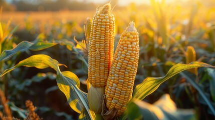 Corn Cob Close Up In Field At Sunset.