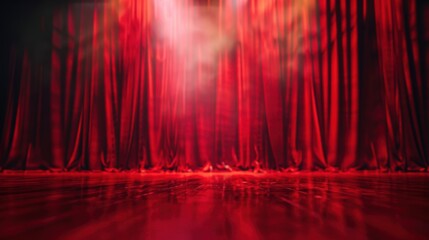 A theater stage with closed red curtains illuminated by soft lighting, creating a dramatic and expectant atmosphere.