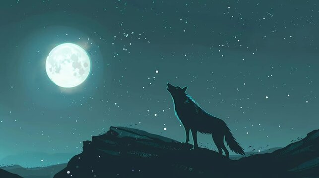 Time-lapse of a howling wolf silhouette against a starry night sky. Seamless loop