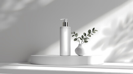 Minimalist skincare product displayed beside a small plant in a modern, well-lit setting.
