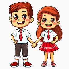 Indonesian student boy and girl cartoon character pose illustration