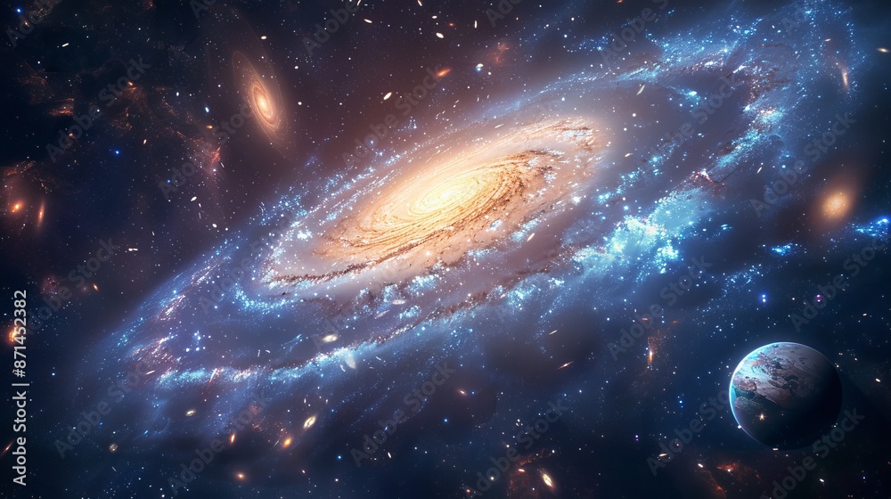 Wall mural a serene view of a distant galaxy, with various celestial bodies and cosmic phenomena generative ai