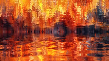 Fototapeta premium An abstract reflection of vibrant orange and yellow colors on water, creating a mesmerizing and fiery visual effect.