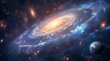 Obraz premium A serene view of a distant galaxy, with various celestial bodies and cosmic phenomena Generative AI