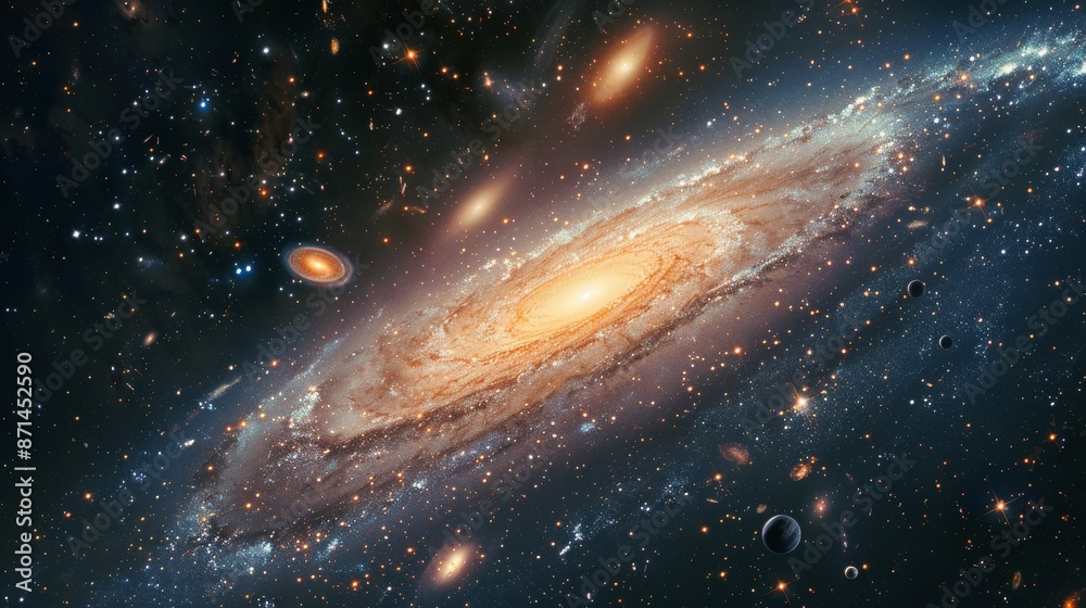 Wall mural a serene view of a distant galaxy, with various celestial bodies and cosmic phenomena generative ai