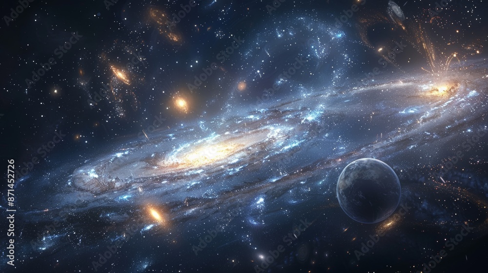 Poster a serene view of a distant galaxy, with various celestial bodies and cosmic phenomena generative ai